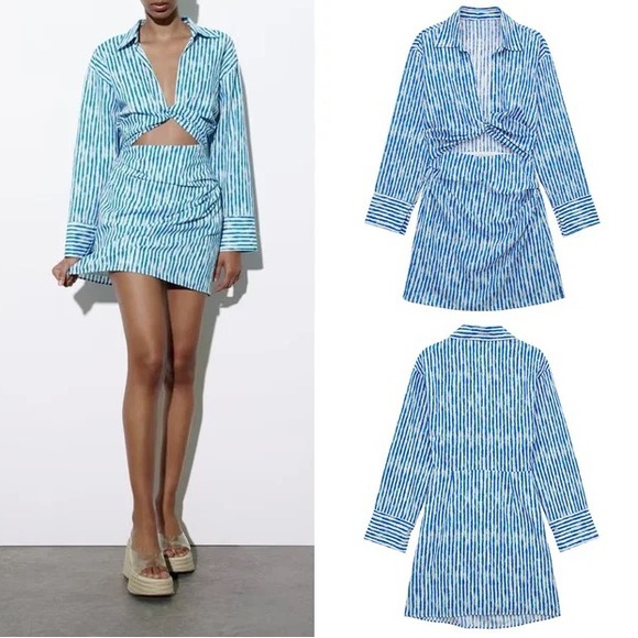 NWT Zara Blue & White Striped Linen Blend Cutout Midriff Twist Mini Dress - XS - Picture 6 of 16